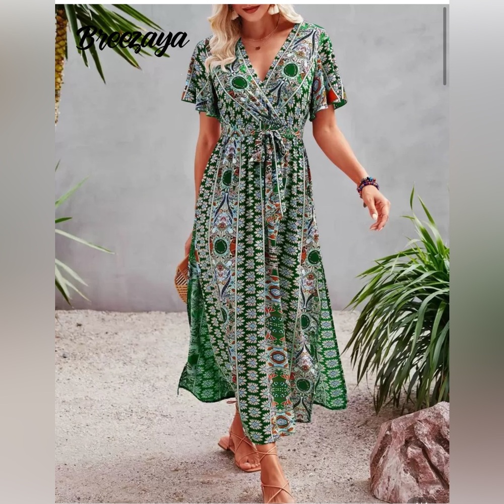 SHEIN Small Boho Maxi Dress Green Paisley Floral Long Sleeve Fall NWOT